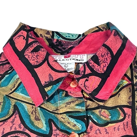 VTG STUNT COLLECTIONS Abstract Pattern Short Sleeve 100% Silk Shirt Women's L - Picture 10 of 16